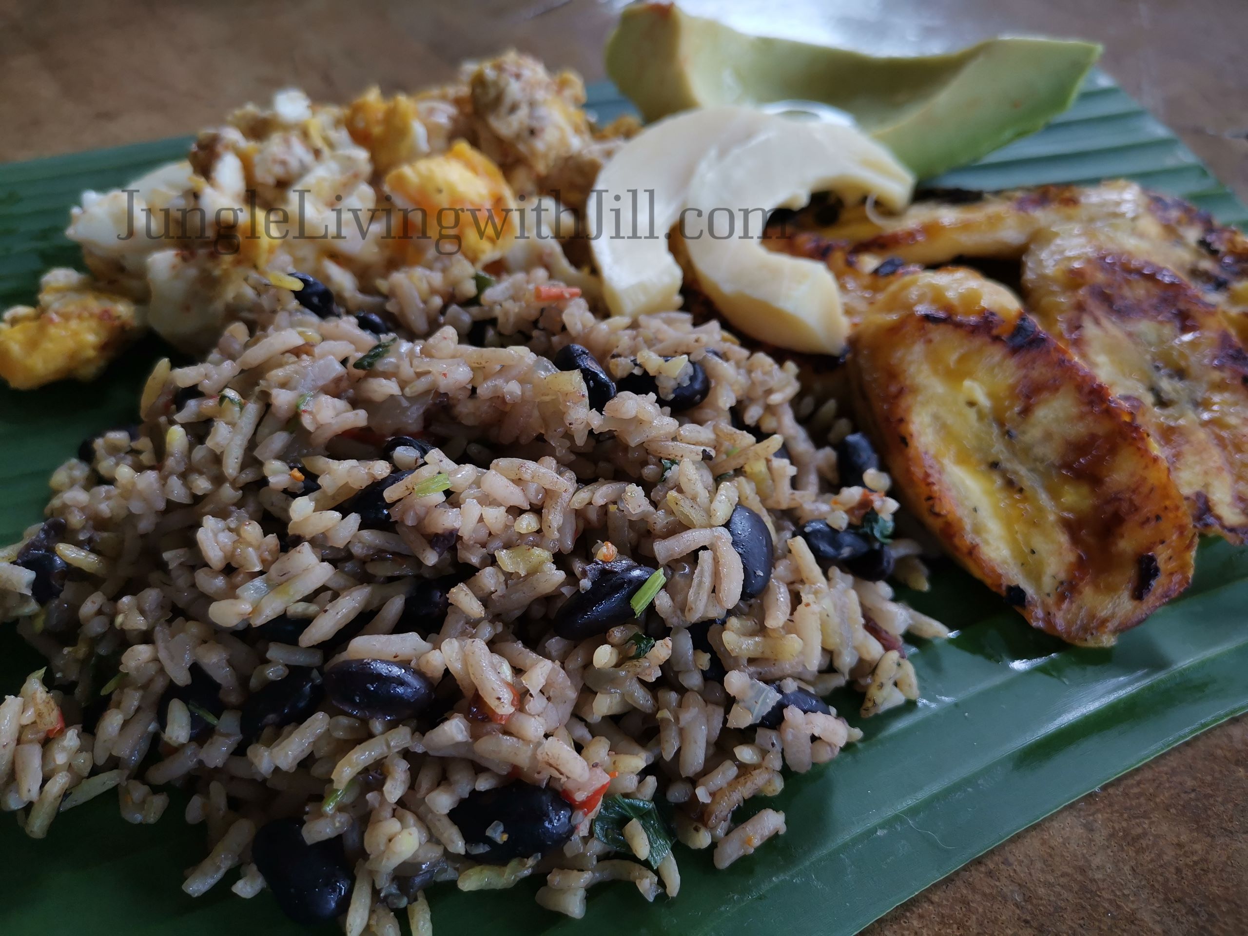 Gallo pinto with eggs, avocado, and ripe plantains