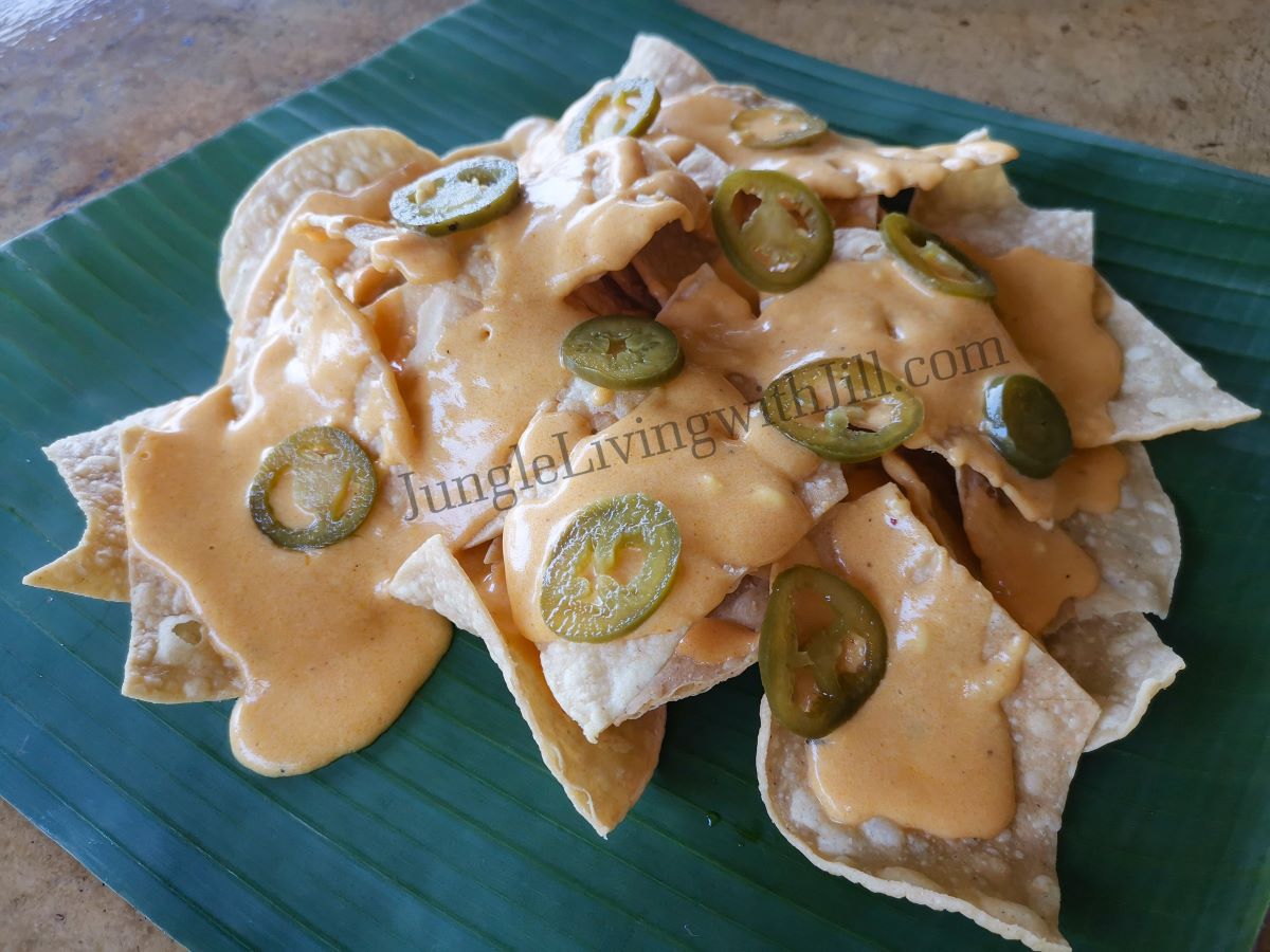 Nacho cheese sauce on tortilla chips with jalapeños